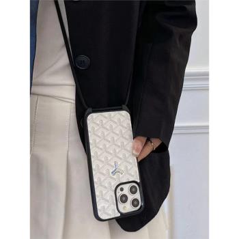 15+適用iPhone case斜挎單肩可背女蘋果16promax手機殼皮質15pro全包防摔12pm歐美新款13MAX保護套矽膠掛繩14