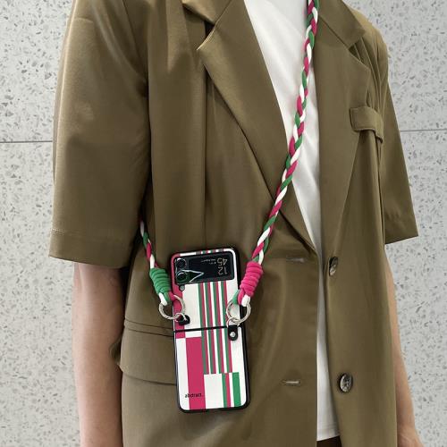 古皇玫紅綠線條適用于三星Galaxy Z Flip3手機殼zflip保護套F7110折疊屏f7070潮牌皮質f7000全包斜挎掛繩外殼