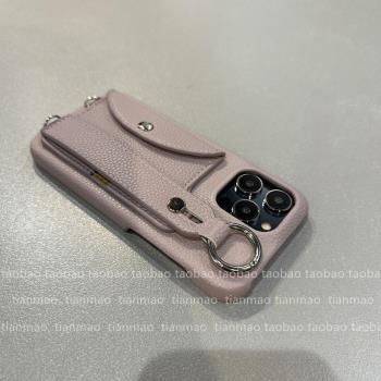 淡紫色荔枝紋翻蓋卡包手腕帶適用蘋果16promax 14 15手機殼iPhone13 12pro高檔11 x xr氣質潮流7 8p商務風