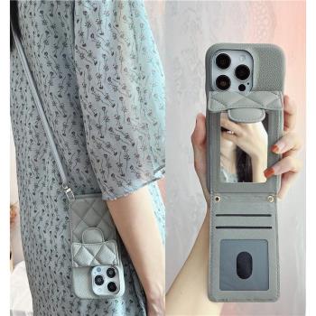 冷淡風灰色菱格插卡錢包式皮質適用iphone16promax內建化妝鏡子14掛繩斜跨蘋果15手機殼12新款13保護套高階感