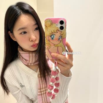 由裡公園ins可愛動漫閃粉流沙美少女掛繩15適用16pro蘋果16ProMax手機殼iPhone16全包14日系14Promax保護套13