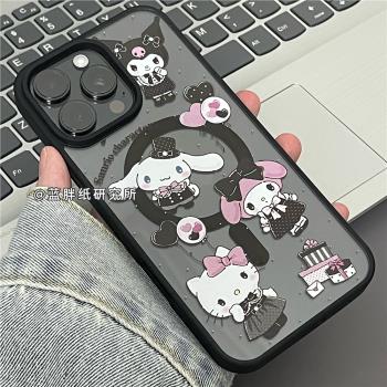 藍胖紙研究所酷酷黑邊框潮牌卡通塗鴉磁吸手機殼適用iPhone16promax蘋果15保護套14pro亞克力13新款12/11