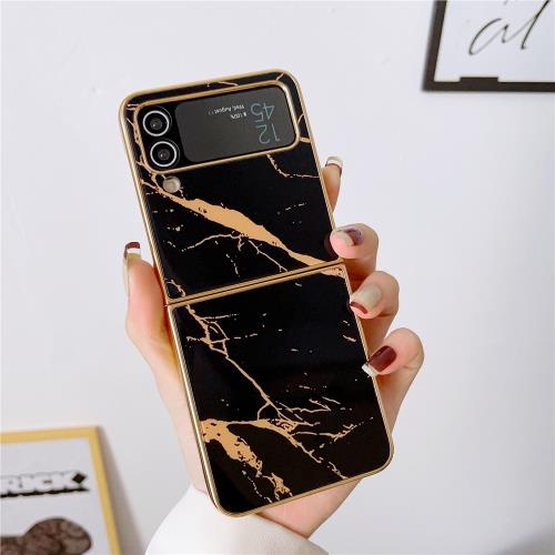 適用于 三星zflip3手機殼電鍍彩繪玻璃殼f7110金邊防摔zlip4超薄時尚個性高檔保護套全包潮zfilp4大理石頭紋