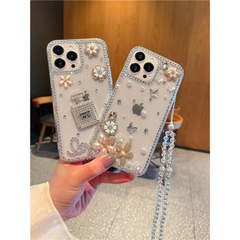 水鉆珍珠花適用蘋果13手機殼iphone12proMax掛鏈11高階感16Pro透明矽膠15Pro奢華高檔15plus網紅14Pro鑲鉆max