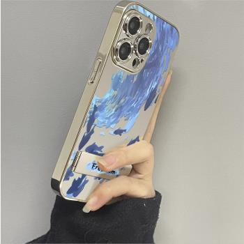 藍色海洋適用蘋果15promax手機殼電鍍iphone16保護套鏡面14plus全包帶支架13高階感12情侶11輕奢xr時尚xs矽膠