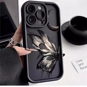 適用蘋果15promax手機殼油畫蝴蝶iphone14plus矽膠全包13氣墊防摔12pm復古11個性xs文藝新款x藝術16plus小眾