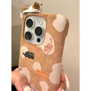後勤高階&金棕色立體趴趴小貓新款個性適用於iphone16 pro max手機殼蘋果15/14/13/12矽膠防摔全包創意軟簡約