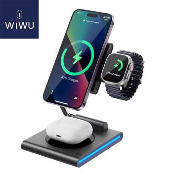 WIWU吉瑪仕極客三合一無線充Wi-W023 Grey適用於蘋果耳機手錶三合一充電一機多用為悟3合1無線充電器