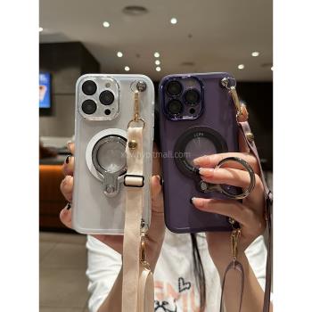 可旋轉支架適用iphone16手機殼14promax自帶鏡頭膜蘋果15斜挎iphone13防摔Xsmax紫色8p透明XR磁吸16pro軟殼