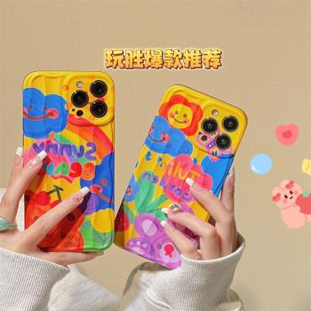 玩勝 韓風ins彩色塗鴉油畫小熊兔子iphone16promax蘋果14手機殼11新款15pro女12情侶款13pm矽膠創意防摔軟殼
