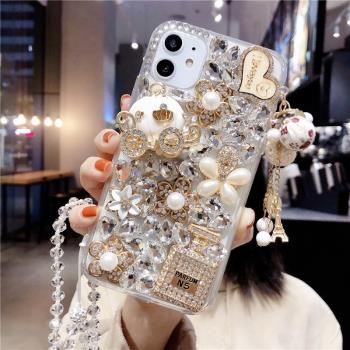 南瓜車水鉆適用iphone15/16promax手機殼鑲鉆蘋果13/14pro玻璃水晶鉆石12/11珠子掛脖繩矽膠軟殼新款保護殼女