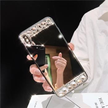 全玻璃鏡面殼iphone16鑲鉆鏡子手機殼13蘋果15promax手機殼11/12矽膠保護殼14pro軟高級感補妝鏡個性適用新款