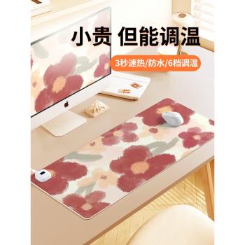 簡約水彩小花加熱鼠標墊usb暖桌墊超大號防水防汙冬季取暖防凍手筆記本電腦鍵盤墊手腕託辦公桌面墊左側開關