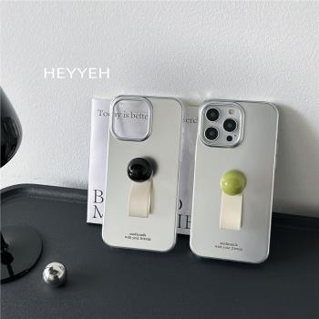 HEYYEH 復古冷淡銀色立體陶瓷球指環適用iPhone15pro蘋果14pro max手機殼13高階簡約16pro雙層防摔軟殼12