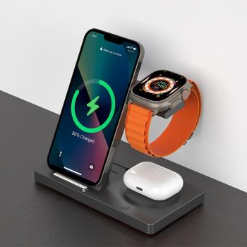 墨一 三合一無線充電器快充蘋果iphone/iwatch 7 8 S9 ultra三星手機手錶Galaxy watch3 4 5耳機立式充電底座