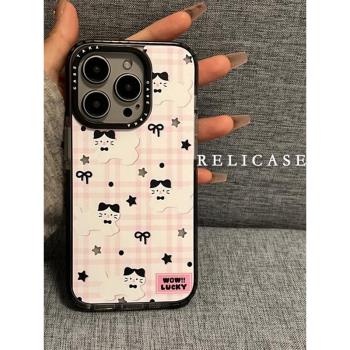 後勤高階&粉色格紋可愛小貓新款個性適用於iphone16 pro max手機殼蘋果15/14/13/12矽膠防摔全包創意軟殼簡約