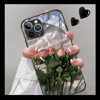 DZ適用蘋果16手機殼新款iPhone14玻璃14promax女款14plus夏天13pro玫瑰12鋼化11粉色x復古xr防摔8高階感7花朵