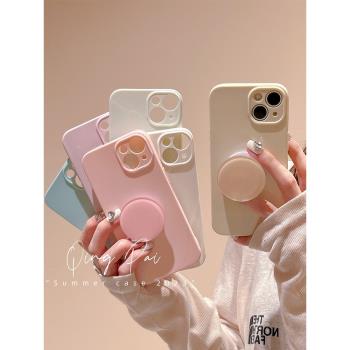 輕派適用iphone14pro手機殼純色圓形支架蘋果13新款14promax女12簡約日韓風網紅超薄11全包邊防摔軟殼保護套