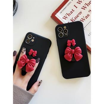 立體紅色蝴蝶結12適用蘋果16promax手機殼小眾簡約iphone15plus氣囊支架伸縮xs矽膠7/8軟套11女款13/14防摔se