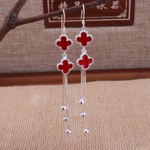 足新款銀飾足銀墜長款女時尚耳環女禮物四葉草純銀耳飾耳勾墜子韓