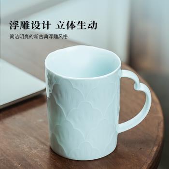 景德鎮陶瓷杯影青浮雕咖啡杯高顏值送禮創意水杯高檔馬克杯禮物