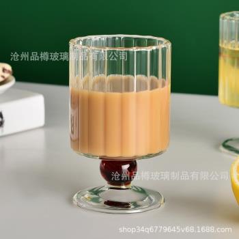 創意復古玻璃水杯圓球耐熱咖啡杯網紅條紋高腳杯果汁奶茶紅酒杯L