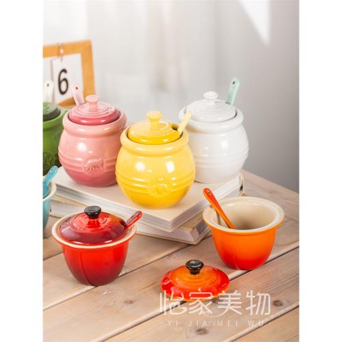 酷彩le creuset帶勺調料罐鹽雞精白糖燒烤醬料罐子輕奢廚房家用