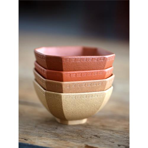 一水堂宜興原礦手工紫砂品茗杯段泥紫泥降坡泥朱泥四方回紋杯80CC