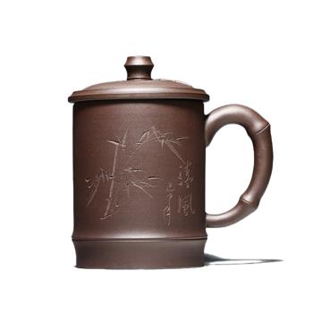 正宗宜興純全手工紫砂杯原礦紫泥泡茶杯帶蓋把辦公家用大水杯子
