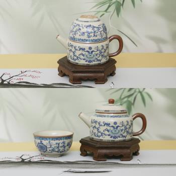 米黃汝窯旅行茶具陶瓷青花纏枝蓮一壺一杯戶外旅行快客杯便捷裝