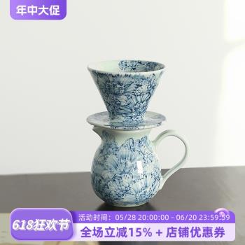 小葵川町屋日本原裝進口玉峰窯手繪青花芙蓉手沖咖啡濾杯濾壺手作