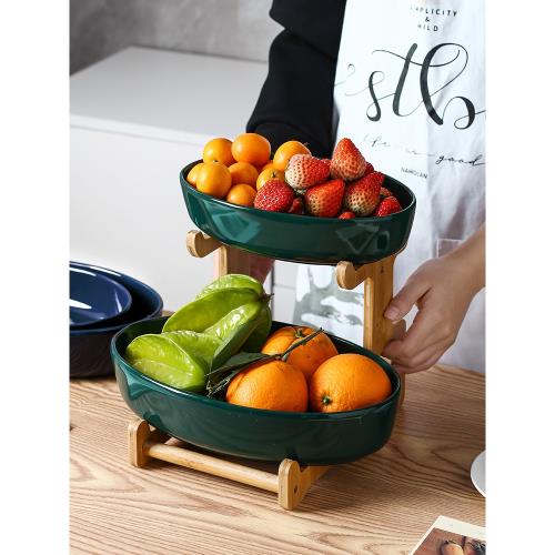 日式風格陶瓷水果盤創意現代客廳家用擺件簡約雙層竹木架果籃果盆