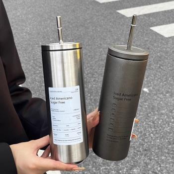 簡約高顏值男女士通用大容量咖啡保溫杯帶吸管軟嘴高款保溫保冷杯