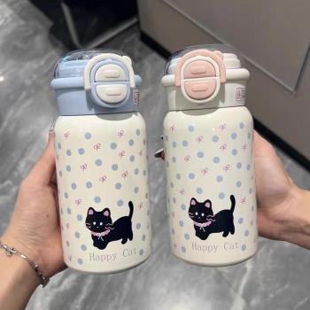 日本進口星球小貓保溫杯可愛卡通雙飲杯學生不銹鋼吸管杯隨手杯子