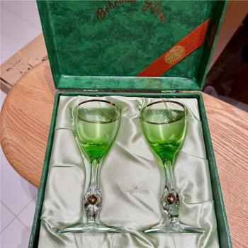 Bohemia波西米亞中古綠色水晶玻璃高腳紅酒杯烈酒杯
