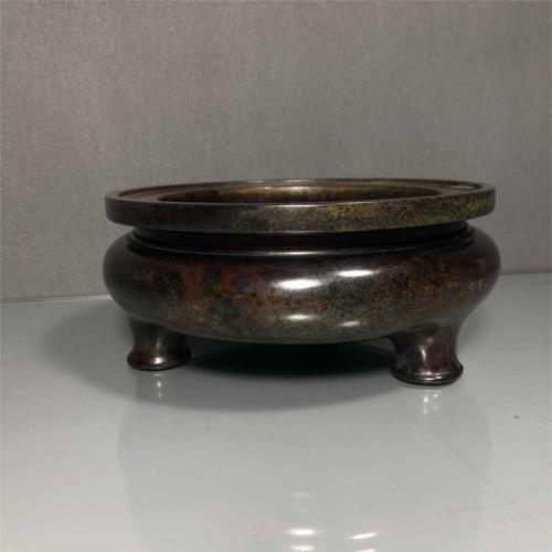 老件紫銅宣德款高7*16.5公分重2.7公斤圓形圓滿三足香爐擺件