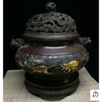 老件紫銅鎏金吳邦佐款高26*22公分重7公斤吉祥如意薰香爐擺件