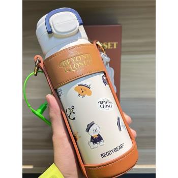 杯具熊盛開雙飲保溫杯女新款水杯便攜學生上學專用杯子兒童吸管杯