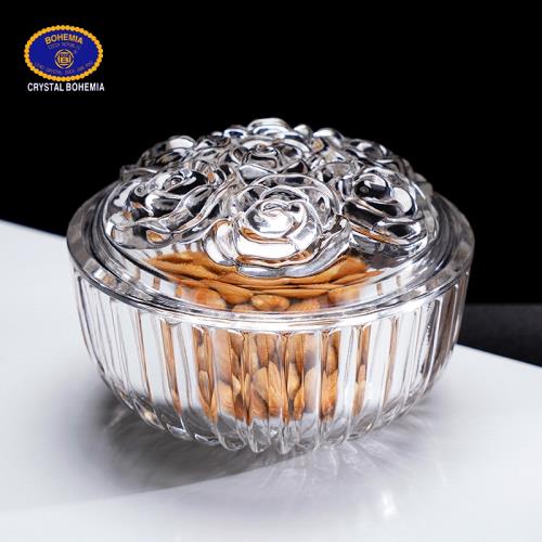 捷克進口BOHEMIA透明水晶玻璃玫瑰花瓣糖缸帶蓋會客零食果干果罐