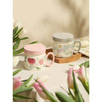 藍蓮花家居陶瓷蓋杯馬克杯杯子網紅喝水杯辦公室茶杯帶把手高顏值