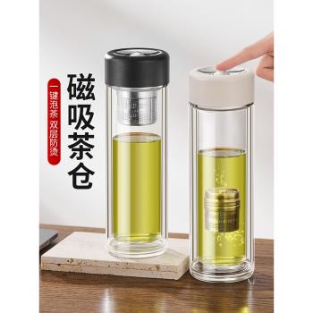 捷安璽玻璃杯雙層隔熱磁彈泡茶杯男女高檔車載茶水分離磁吸水杯子