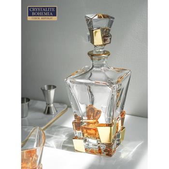 捷克BOHEMIA進口水晶玻璃 裂紋加金紅酒洋酒威士忌酒具家用醒酒器