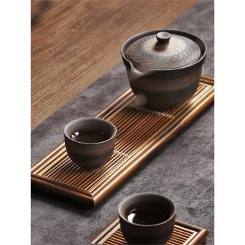 竹製長方形幹泡臺茶盤 茶杯架茶托功夫茶具 茶道託盤收納竹排家用