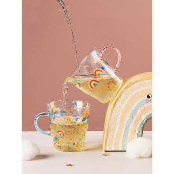 藍蓮花帶把玻璃杯ins風咖啡杯子茶杯個人專用家用網紅水杯女專用