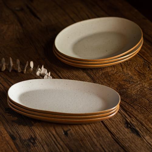 素火粗陶復古白長條盤橢圓盤淺盤湯盤異型餐盤茶點盤甜品盤炒菜盤
