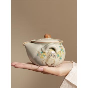 仿宋米黃汝窯萌貓手抓壺寶瓶壺防燙茶碗小蓋碗輕奢復古陶瓷茶壺