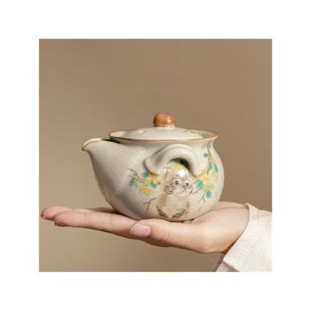 仿宋米黃汝窯萌貓手抓壺寶瓶壺防燙茶碗小蓋碗輕奢復古陶瓷茶壺