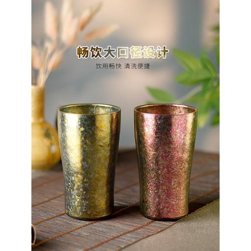 純鈦雙層啤酒杯家用高檔扎啤杯輕奢飲料杯果汁杯冰花結晶紋理杯子