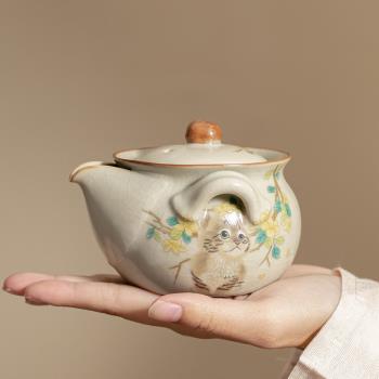 仿宋米黃汝窯萌貓手抓壺寶瓶壺防燙茶碗小蓋碗輕奢復古陶瓷茶壺