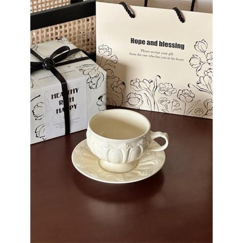 單位喬遷送禮ins精致法式復古米黃色浮雕陶瓷咖啡杯碟伴手禮盒